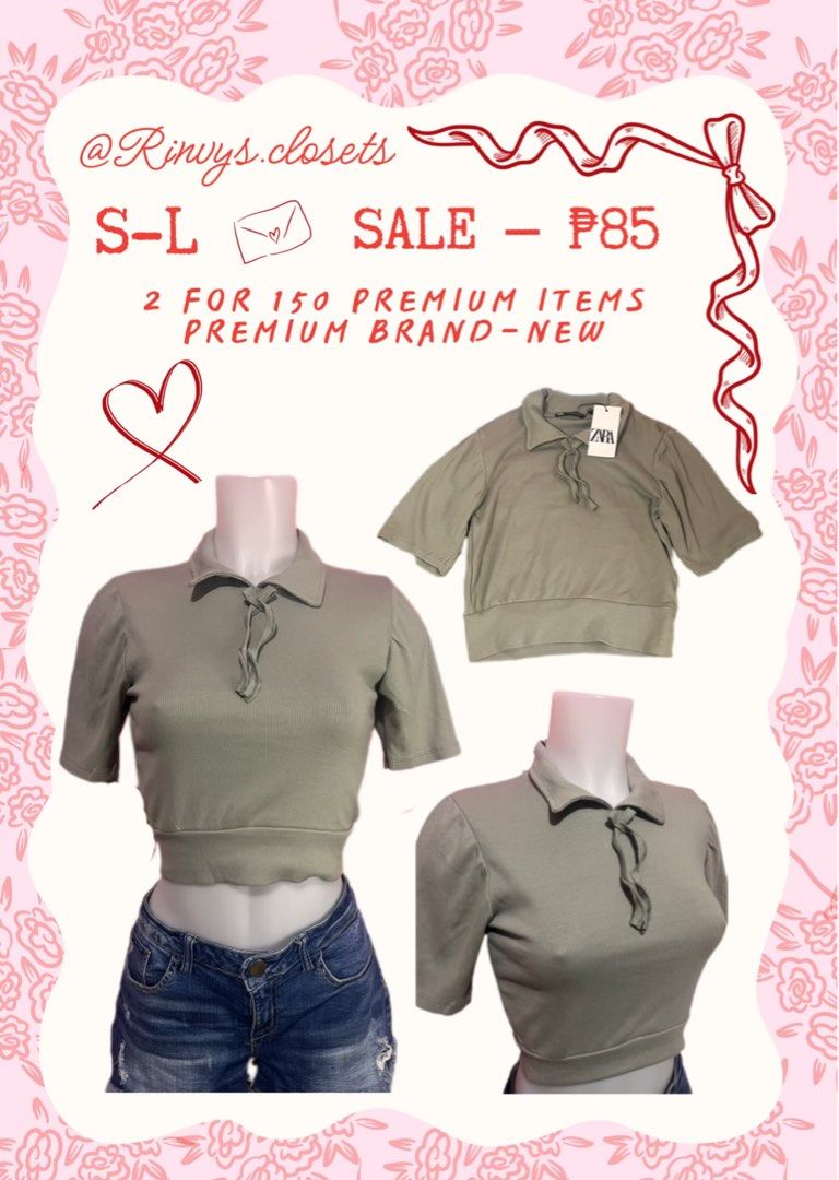 ZARA Ribbed Cropped Polo Shirt (Category: Shirts) located in Manila. Submitted by rinvylyn (Listing ID 1455968483, Image 1). Description: - ZARA olive green cropped polo shirt - Ribbed texture - Tie-neck detail - Short puff sleeves - Pairs well with denim shorts or jeans - Available in sizes S-L.