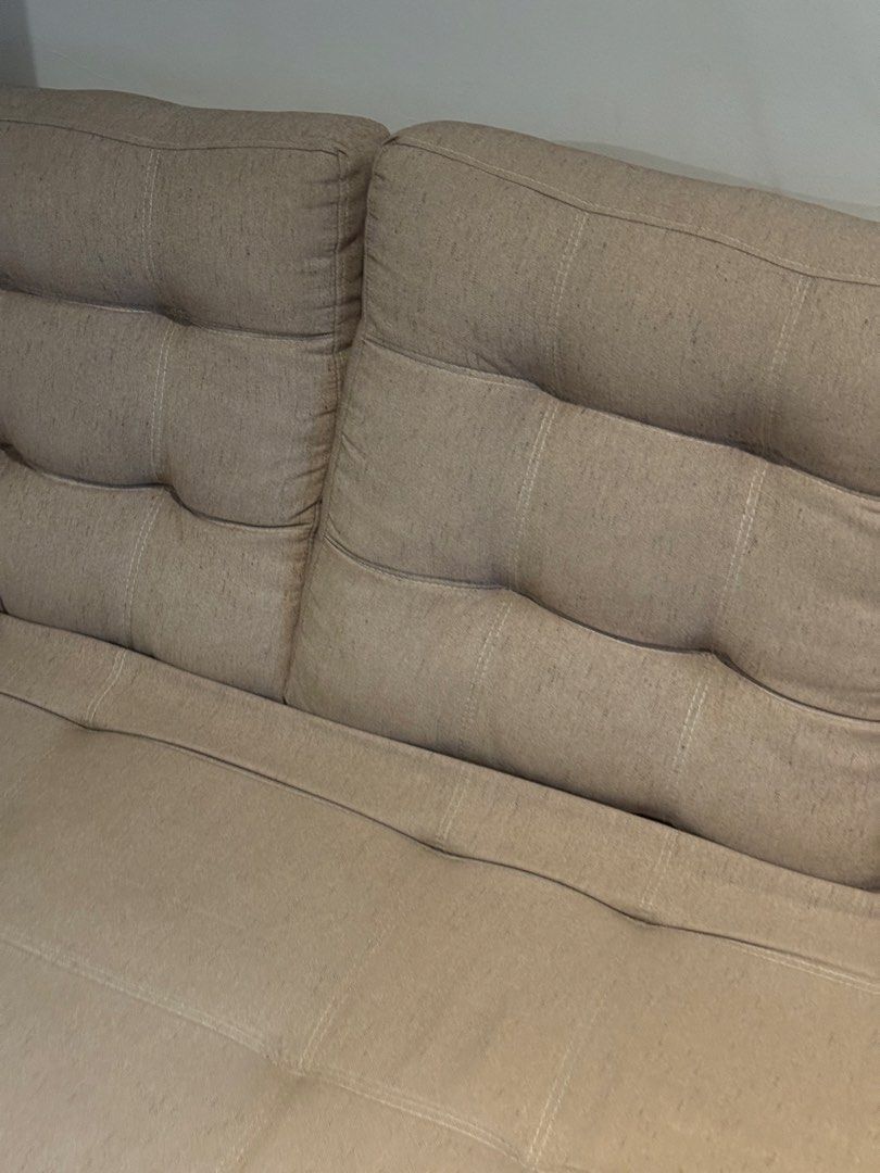 3-seater sofa with tall back rest (newly deep cleaned!) (Category: Sofas) located in Quezon City. Submitted by mrzdc888 (Listing ID 1456098606, Image 3). Description: - 3-seater sofa - Tall backrest for added comfort and style - Newly deep cleaned and ready for use - Neutral beige fabric upholstery - Perfect for living rooms and relaxation spaces.