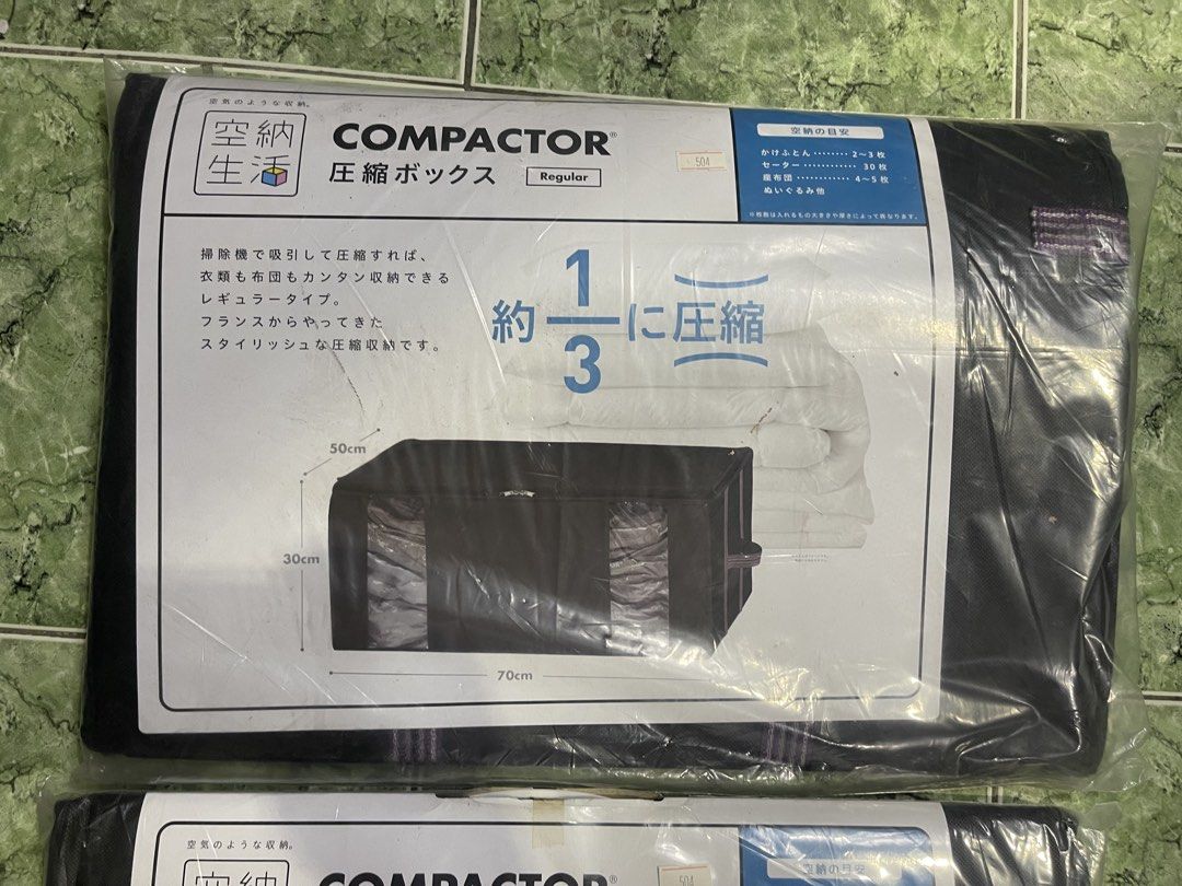 4pcs COMPACTOR Regular Compression Storage Box 70x50x30cm 2pcs brandnew (Category: Storage Boxes & Baskets) located in Manila. Submitted by chesterson1979. (Listing ID 1456159238, Image 2). Description: - Set of 2 COMPACTOR compression storage boxes - Compresses clothes and bedding to save space - Dimensions: 70cm x 50cm x 30cm each - Ideal for wardrobe organization or under-bed storage - Easy to use and adds a stylish touch to your space.