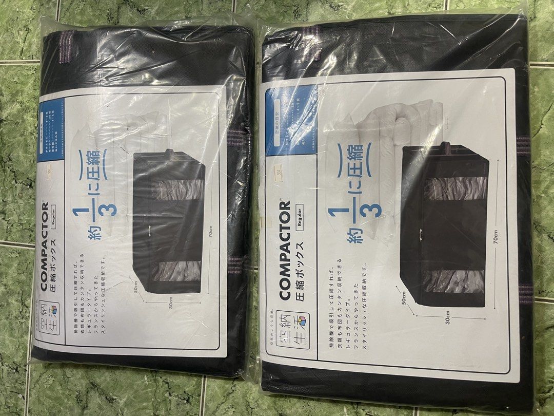 4pcs COMPACTOR Regular Compression Storage Box 70x50x30cm 2pcs brandnew (Category: Storage Boxes & Baskets) located in Manila. Submitted by chesterson1979. (Listing ID 1456159238, Image 1). Description: - Set of 2 COMPACTOR compression storage boxes - Compresses clothes and bedding to save space - Dimensions: 70cm x 50cm x 30cm each - Ideal for wardrobe organization or under-bed storage - Easy to use and adds a stylish touch to your space.