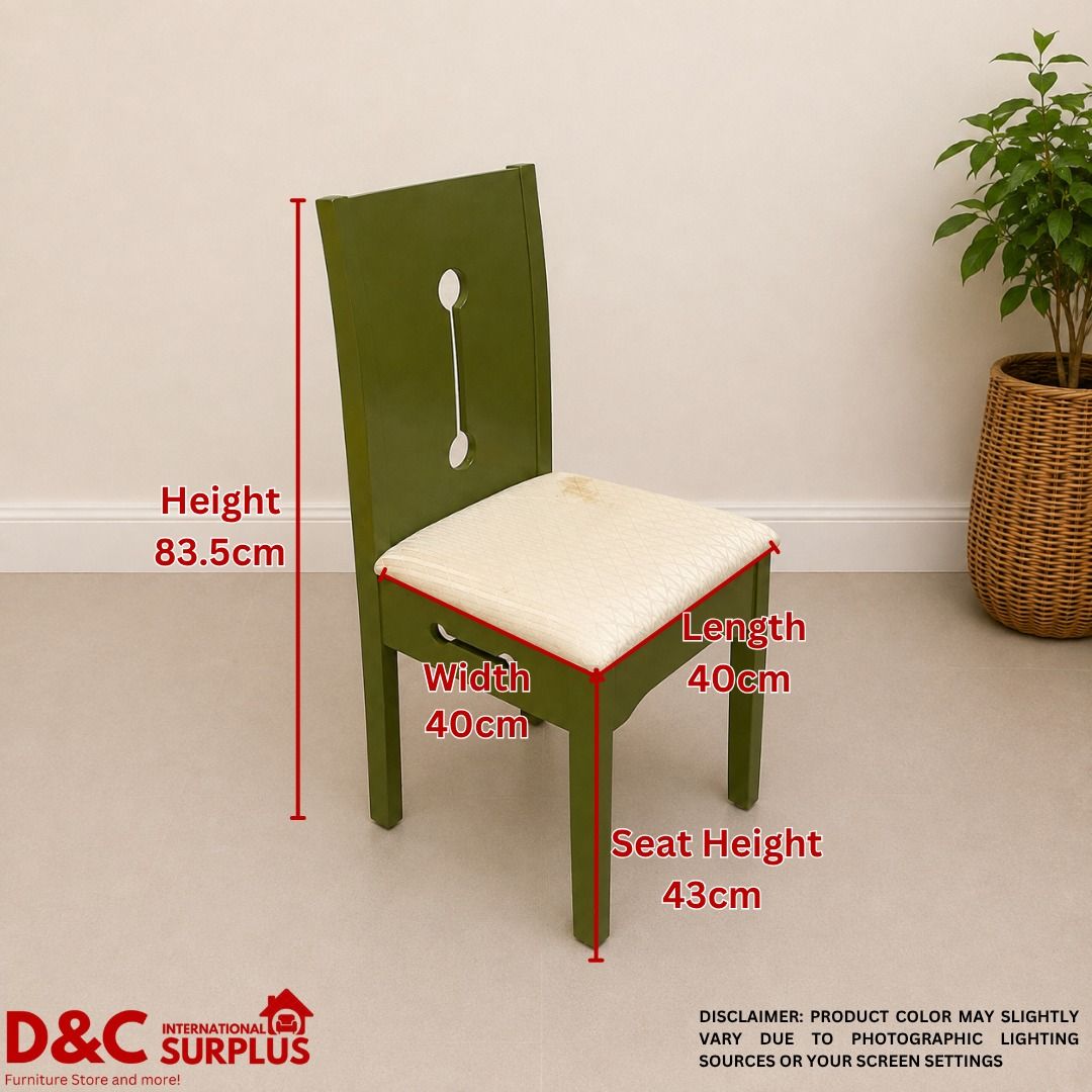 4pcs Green Dining Chairs (Category: Chairs) located in Caloocan City. Submitted by dcintsurplus (Listing ID 1456117604, Image 3). Description: 4pcs Green Dining Chairs P8,900 Green wooden chairs with cream upholstered seats. Perfect for dining area, café, restaurant, or home use. 📏 Measurements: Chair 1: • Seat H: 43 cm • H: 83.5 cm • L: 40 cm • W: 40 cm Chair 2: • Seat H: 43 cm • H: 91 cm • L: 45 cm • W: 43 cm 📌 Condition: ✔️ With scratches & 