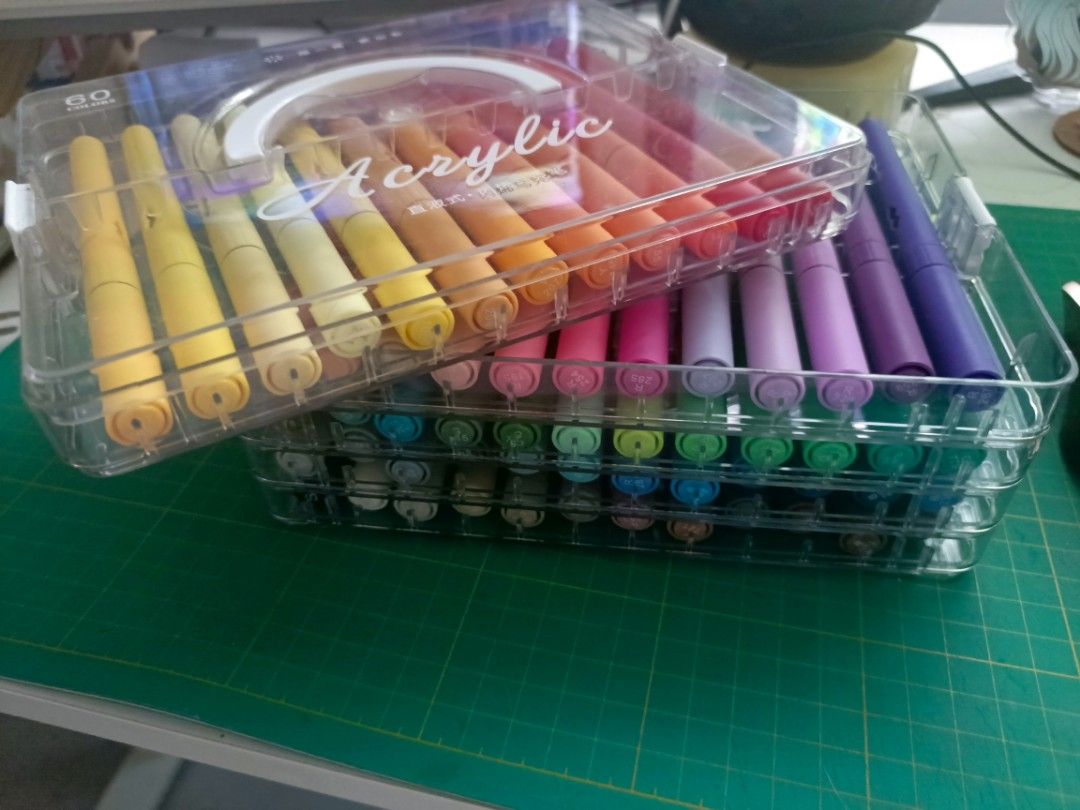60 Colors Acrylic Markers Set (Category: Craft Supplies & Tools) located in Manila. Submitted by cielhun (Listing ID 1456141304, Image 1). Description: - Barely used, only used for swatches. - Set of 60 vibrant acrylic markers - Includes a clear plastic case for organization - Wide range of colors perfect for art projects and crafts.