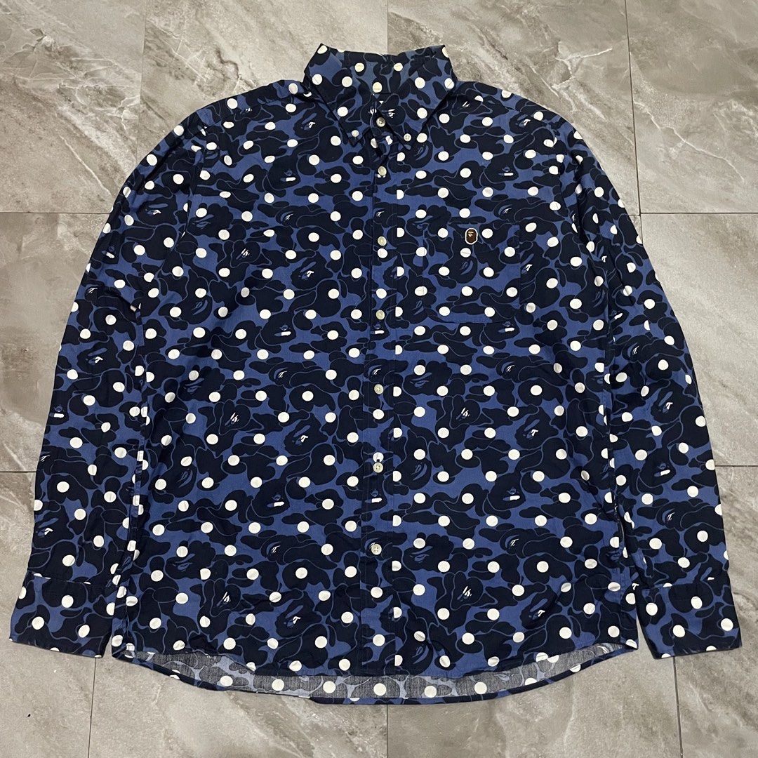 BAPE ABC Camo Polka Dot Long-Sleeve Button-Down Shirt (Category: Formal Shirts) located in Bacoor. Submitted by thrift2dough (Listing ID 1456179173, Image 1). Description: BAPE ABC Camo Polka Dot Long-Sleeve Button-Down Shirt Size: Large Condition: 10/10 Issue: None Dimensions Width: 23 in Length: 28-29 in Price: 2,000 shipped.