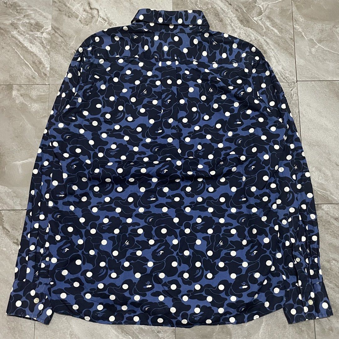 BAPE ABC Camo Polka Dot Long-Sleeve Button-Down Shirt (Category: Formal Shirts) located in Bacoor. Submitted by thrift2dough (Listing ID 1456179173, Image 2). Description: BAPE ABC Camo Polka Dot Long-Sleeve Button-Down Shirt Size: Large Condition: 10/10 Issue: None Dimensions Width: 23 in Length: 28-29 in Price: 2,000 shipped.