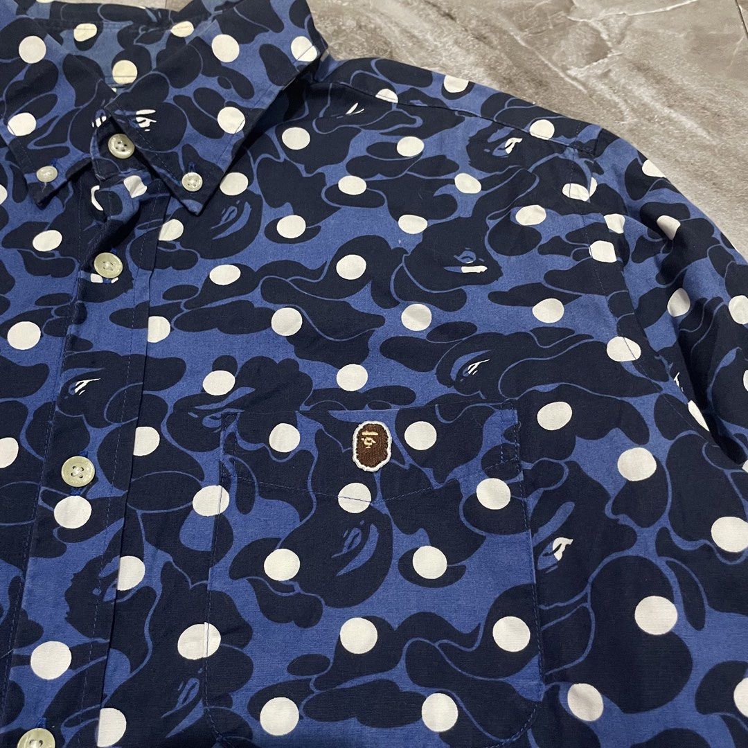 BAPE ABC Camo Polka Dot Long-Sleeve Button-Down Shirt (Category: Formal Shirts) located in Bacoor. Submitted by thrift2dough (Listing ID 1456179173, Image 3). Description: BAPE ABC Camo Polka Dot Long-Sleeve Button-Down Shirt Size: Large Condition: 10/10 Issue: None Dimensions Width: 23 in Length: 28-29 in Price: 2,000 shipped.