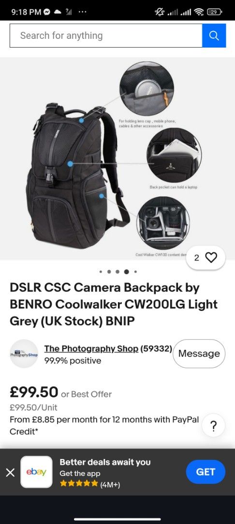 BENRO Coolwalker CW200LG DSLR CSC Camera Backpack (Category: Camera Bags & Carriers) located in Caloocan City. Submitted by cachero_kai (Listing ID 1456089838, Image 2). Description: - Black BENRO camera backpack - Multiple padded compartments for camera and lenses - Front pocket for smaller items - Side pockets for accessories - Includes a rain cover - Great for photographers on the go.