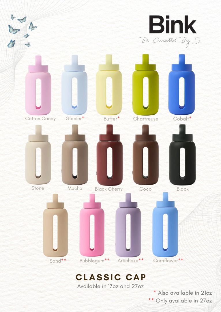 BINK Glass Water Bottle (Category: Water Bottles & Tumblers) located in Manila. Submitted by sofia.uy7 (Listing ID 1456180499, Image 1). Description: BINK Water Bottles 💯 BRAND NEW & AUTHENTIC 📝 50% DP needed to pre-order 🛬 3-4 weeks ETA With it’s signature peep-inside design, this bottle is made of high-end thick Borosilicate glass that makes hydration tracking easier! Available in a variety of fun colors, sizes and cap options, there’s defin