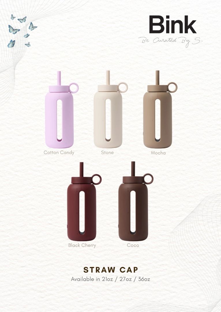 BINK Glass Water Bottle (Category: Water Bottles & Tumblers) located in Manila. Submitted by sofia.uy7 (Listing ID 1456180499, Image 3). Description: BINK Water Bottles 💯 BRAND NEW & AUTHENTIC 📝 50% DP needed to pre-order 🛬 3-4 weeks ETA With it’s signature peep-inside design, this bottle is made of high-end thick Borosilicate glass that makes hydration tracking easier! Available in a variety of fun colors, sizes and cap options, there’s defin