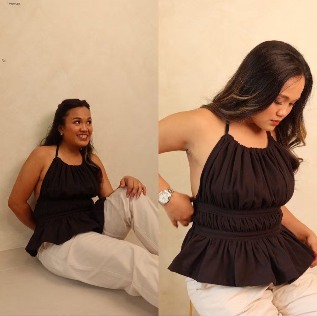 Black Ruched Halter Neck Peplum Top (Category: Sleeveless) located in Botolan. Submitted by arrietafrancinealexis (Listing ID 1456107634, Image 1). Description: - Black halter neck top - Ruched detailing - Cinched waist - Peplum hem - Ties at the back of the neck - Versatile for night out or casual wear - Easy to pair with jeans or skirts - Comfortable fabric.