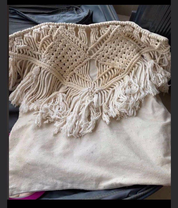 Boho Macrame Cream Cushion Cover Tassels (Category: Bedding & Towels) located in Marikina City. Submitted by theconstantdeclutterer (Listing ID 1456035504, Image 3). Description: 1 pc cream macrame throw pillow covers with tassels. Boho/farmhouse style, fits 17x17 inch pillows. Perfect for sofa, couch, or bed. Adds a cozy vibe. International product. Needs a wash as kept in storage. Get this now! .