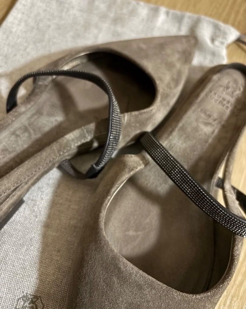 AUTHENTIC Brunello Cucinelli Suede Slingback Flats with Embellished Strap (Category: Sneakers & Footwear) located in Makati City. Submitted by cht1992 (Listing ID 1456185533, Image 2). Description: - Brand: Brunello Cucinelli - Color: Grey - Material: Suede - Style: Slingback Flats - Toe: Pointed - Details: Delicate embellished strap across vamp, elasticated slingback strap - Origin: Made in Italy - Includes: Original dust bag - 100% authentic - 