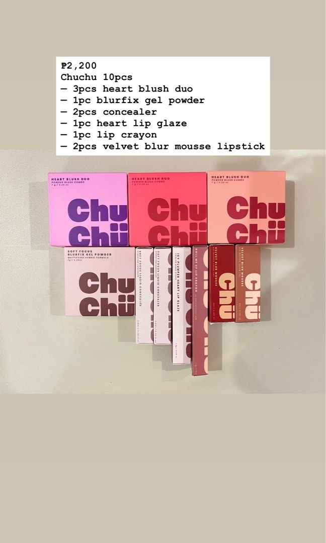 Chu Chu Beauty Bundle 10pcs (Category: Makeup) located in Burgos. Submitted by allyluz (Listing ID 1456219388, Image 2). Description: All items are brand new. Ready to ship via SPX; 🍊checkout only. Inclusions: - 3pcs heart blush duo - 1pc blurfix gel powder - 2pcs concealer - 1pc heart lip glaze - 1pc lip crayon - 2pcs velvet blur mousse lipstick.