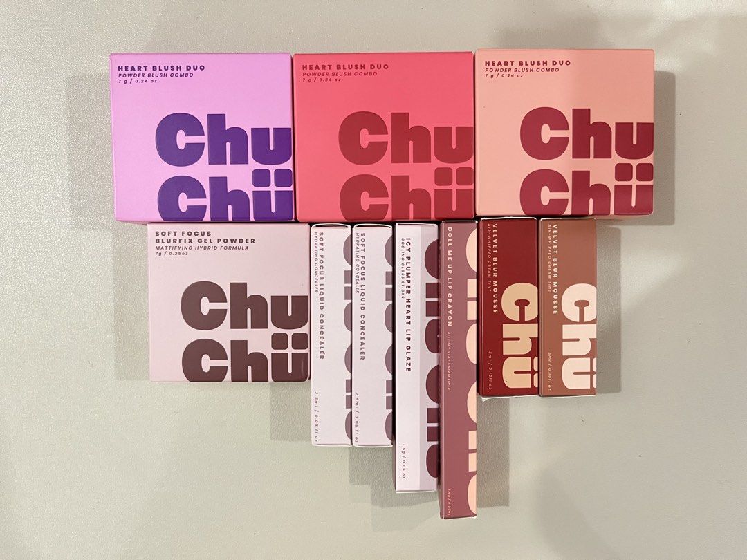 Chu Chu Beauty Bundle 10pcs (Category: Makeup) located in Burgos. Submitted by allyluz (Listing ID 1456219388, Image 1). Description: All items are brand new. Ready to ship via SPX; 🍊checkout only. Inclusions: - 3pcs heart blush duo - 1pc blurfix gel powder - 2pcs concealer - 1pc heart lip glaze - 1pc lip crayon - 2pcs velvet blur mousse lipstick.