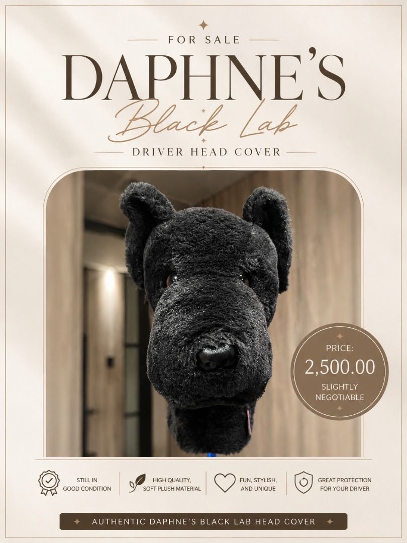 Daphne's Black Lab Driver Headcover (Category: Golf) located in Pasig City. Submitted by jayadeleon0522 (Listing ID 1456062358, Image 1). Description: FOR SALE!! Daphne's Black Lab Driver Headcover Price: 2,500.00 Slightly negotiable Location: Ortigas Pasig City .