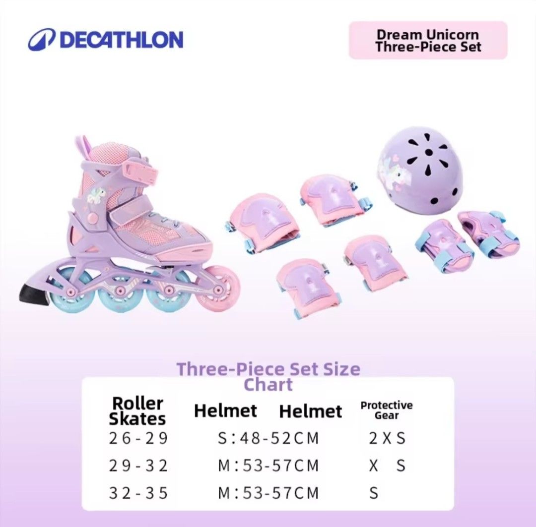 Decathlon Dream Unicorn Roller Skates Set with Protective Gear (Category: Skates, Rollerblades & Scooters) located in Quezon City. Submitted by bido01 (Listing ID 1456227702, Image 1). Description: - Adorable unicorn design roller skates in purple and pink. - Includes matching helmet for head protection. - Comes with knee and elbow pads for added safety. -hip protector padded( not oxelo bought sa orange app) - Size 32-35 - Ideal for children lear