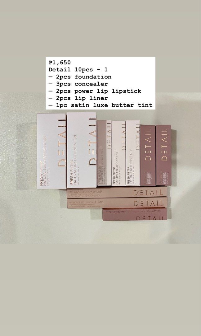 Detail Cosmetics Bundle 1 (Category: Makeup) located in Burgos. Submitted by allyluz (Listing ID 1456215195, Image 2). Description: All items are brand new. Ready to ship via SPX; 🍊 checkout only. Inclusions: Detail 10pcs - 1 - 2pcs foundation - 3pcs concealer - 2pcs power lip lipstick - 2pcs lip liner - 1pc satin luxe butter tint.