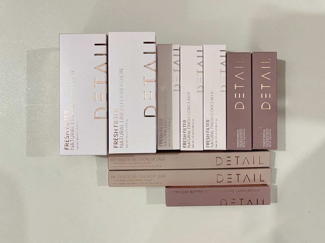 Detail Cosmetics Bundle 1 (Category: Makeup) located in Burgos. Submitted by allyluz (Listing ID 1456215195, Image 1). Description: All items are brand new. Ready to ship via SPX; 🍊 checkout only. Inclusions: Detail 10pcs - 1 - 2pcs foundation - 3pcs concealer - 2pcs power lip lipstick - 2pcs lip liner - 1pc satin luxe butter tint.