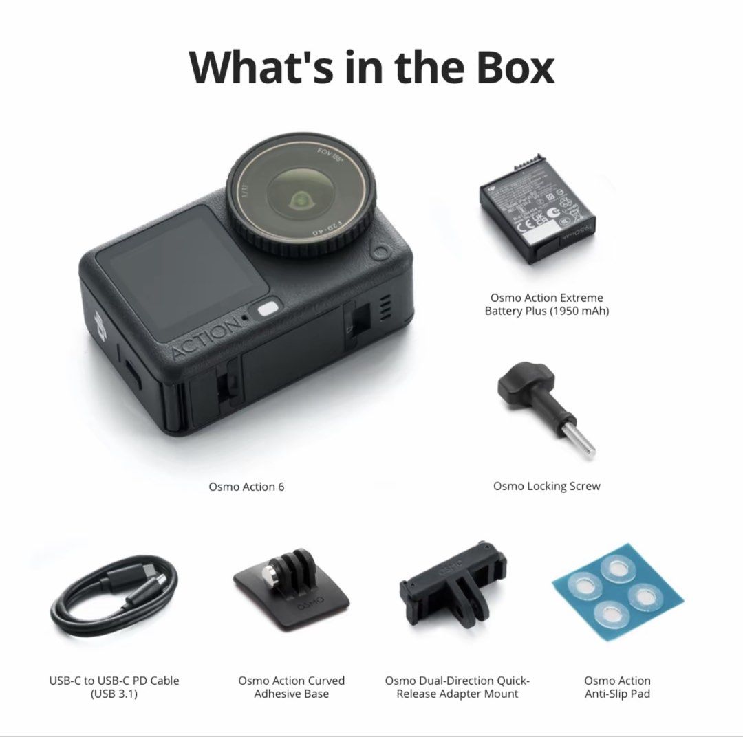 DJI Osmo Action 6 Camera (Category: Cameras) located in Manila. Submitted by ad_riang (Listing ID 1456227819, Image 1). Description: - DJI Osmo Action 6 Camera - Osmo Action Extreme Battery Plus (1950 mAh) for extended recording - USB-C to USB-C PD Cable (USB 3.1) for fast charging - Osmo Locking Screw - Osmo Action Curved Adhesive Base - Osmo Dual-Direction Quick-Release Adapter Mount - Osmo Action Anti-Slip Pads - Everything you need to start f