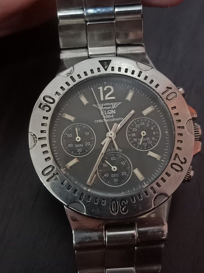 Elgin chronograph (Category: Men's Watches) located in Las Pinas. Submitted by the_recycle_shop (Listing ID 1456091279, Image 1). Description: Original good working condition Quartz chronograph with battery 38mm fits wrist 6.8 inches.