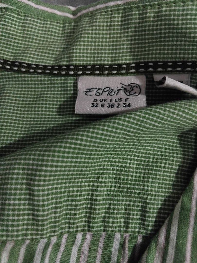 Esprit Green Striped Button-Up Shirt (Category: Shirts) located in Manila. Submitted by raspberrymegumi (Listing ID 1456215379, Image 2). Description: - Esprit green and white striped button-up shirt - Long sleeves with button cuffs - Chest pocket - Subtle checkered pattern woven into the fabric - Never Worn MOP: gcash, maya MOD: j&t.