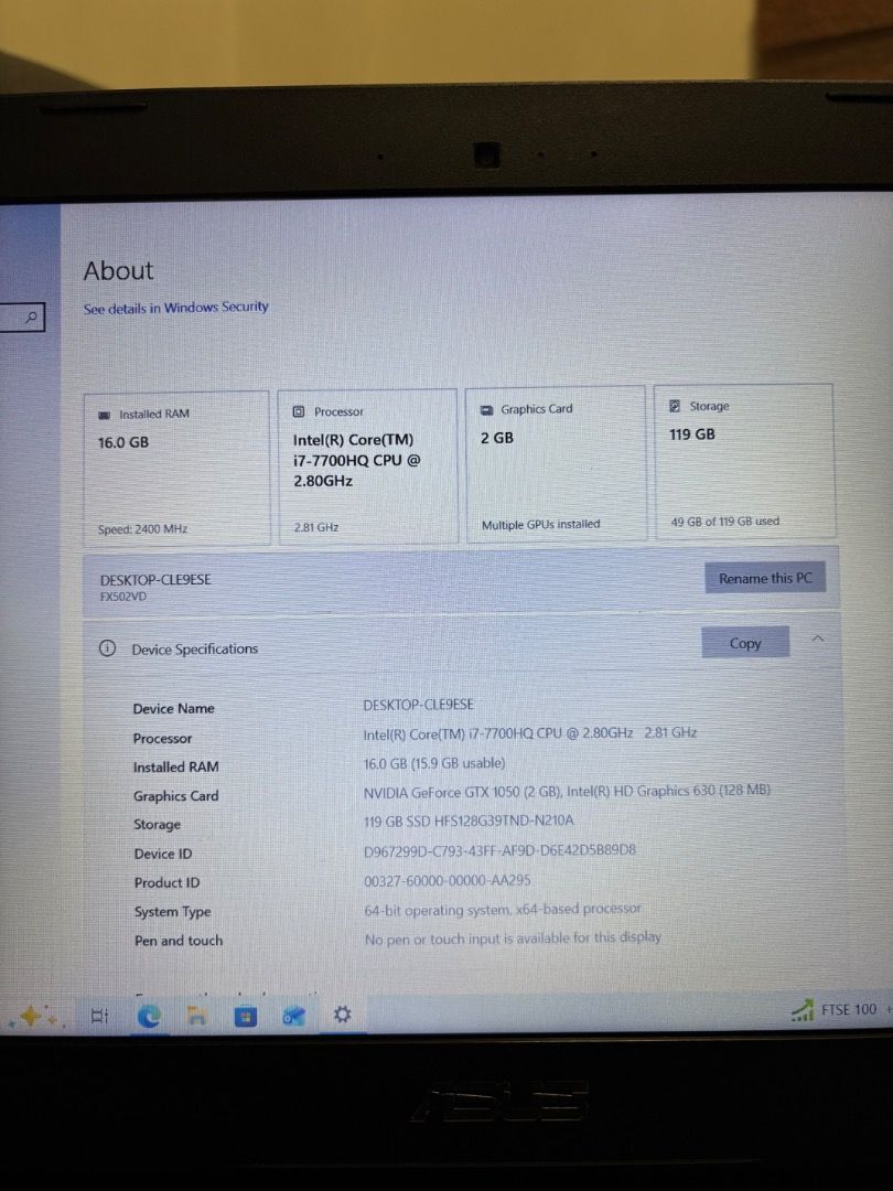 FX502VD GAMING LAPTOP FOR SWAP! (Has Issues) (Category: Laptops & Notebooks) located in Caloocan City. Submitted by ezashjuls (Listing ID 1456229671, Image 2). Description: FOR SALE/SWAP ASUS FX502VD Gaming Laptop. Has Issues (See at bottom) SWAP TO: IPAD A16 256GB, add cash ako STRICLY MEET UP ONLY IF SWAP Around 1.5-2.5k lang replacement ng battery (MAIN ISSUE), pag pinalitan goods na goods na. SPECS: - 16GB DDR4 RAM (on board 8gb) - INTEL I7 7