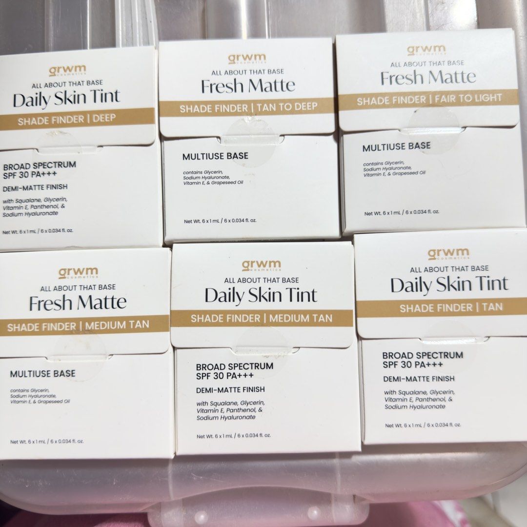 GRWM All About That Base Skin Tint & Fresh Matte Samples (Category: Makeup) located in Taguig. Submitted by cris_021 (Listing ID 1456158730, Image 2). Description: - GRWM Shade Finder Samples (1ml each) Available shades: - daily skin tint: Tan Deep - fresh matte Tan to deep - radiance tint Tan to deep.