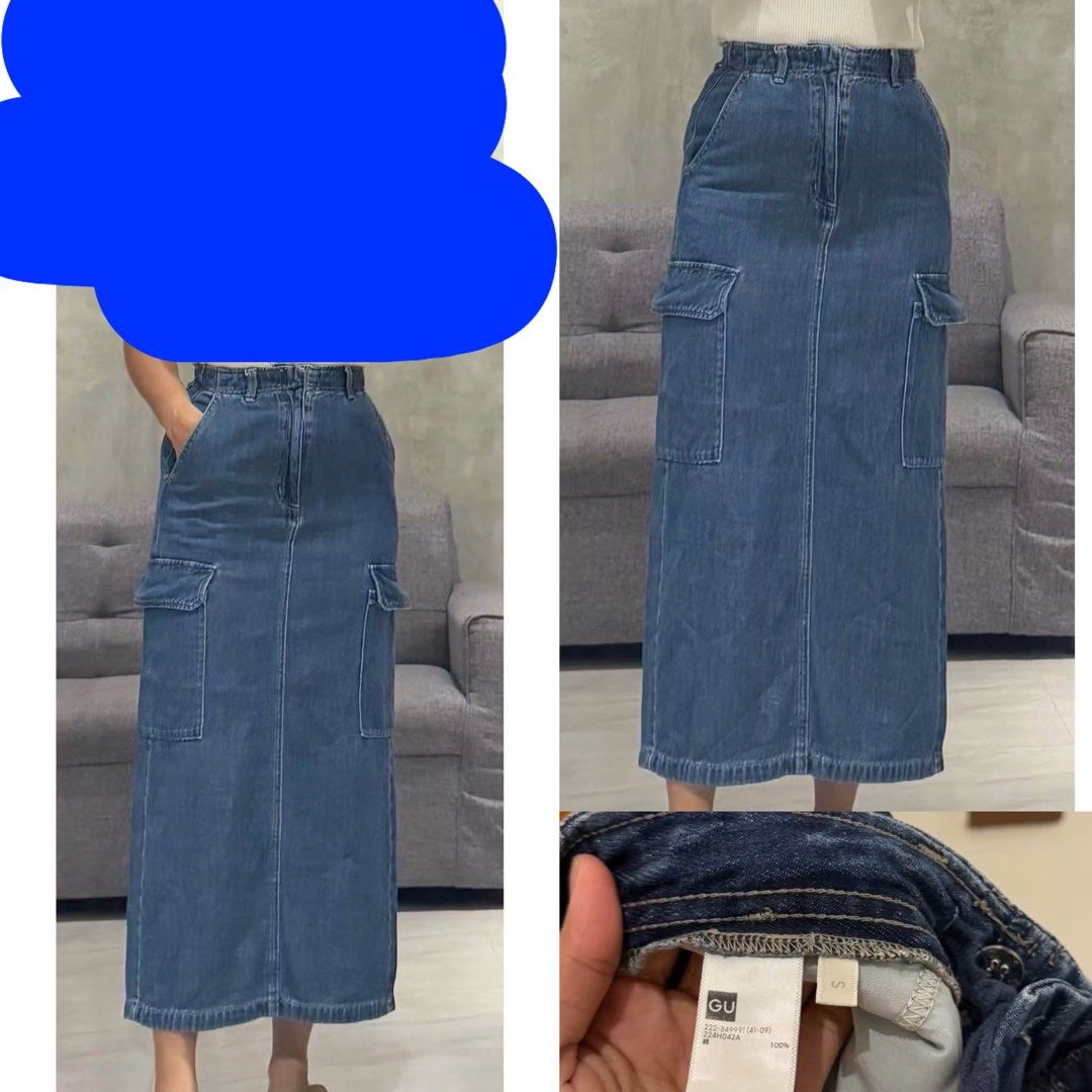 GU Denim Cargo Midi Skirt Size S (Category: Skirts) located in Cabanatuan. Submitted by lovedoptions (Listing ID 1448620192, Image 1). Description: - Blue denim midi skirt - Cargo style with front and side pockets - Elastic waistband with drawstring - Zipper and button closure - Ideal for casual wear.