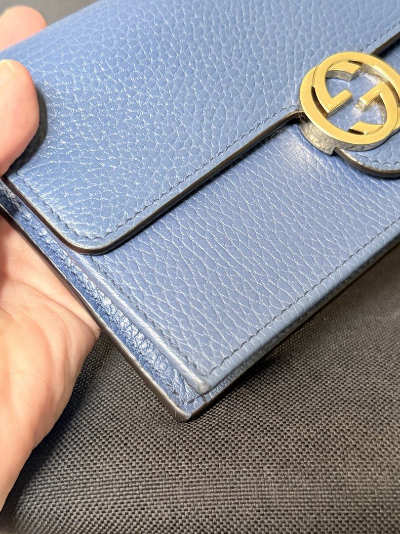 Gucci Interlocking G Wallet Blue Leather (Category: Luxury Bags & Wallets) located in Quezon City. Submitted by dasha25 (Listing ID 1456177591, Image 2). Description: - Authentic blue leather Gucci wallet on chain - Features the iconic interlocking G logo - Shows minor wear on the corners - Plenty of life left for everyday use.