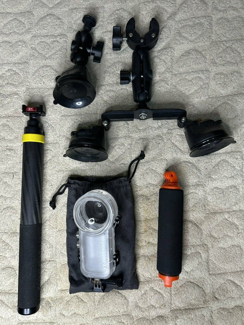 Insta360 Accessories (Category: Tripods & Monopods) located in Manila. Submitted by tan.sofiaa (Listing ID 1456055785, Image 2). Description: RFS: will upgrade Cynova charging hub + 2 extra batteries - ₱4,400 Diving case - ₱3,500 3m selfie stick - ₱2,900 Bullet time selfie stick - ₱1,800 Triple suction car mount - ₱1,200 Cynova carry case - ₱1,000 Mic adapter - ₱800 Insta360 wrist strap - ₱375 Floating handle - ₱350 Mic bracket + adapter cord - ₱