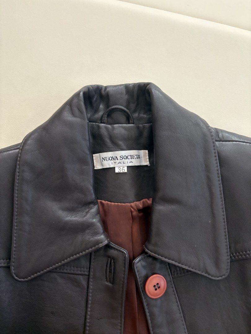 Italian Genuine Leather Jacket (Category: Coats, Jackets and Outerwear) located in Cebu City. Submitted by declutterwithmecebu (Listing ID 1456205842, Image 2). Description: super great quality!!! love the red buttons with the dark brown leather ❤️🤎 fits XS to Small.