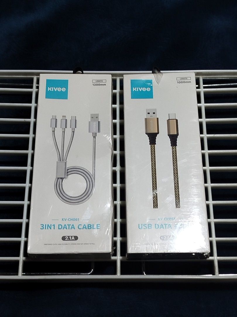 Kivee 3-in-1 Data Cable & USB Data Cable (Category: Cables & Adaptors) located in Taguig. Submitted by giango1313 (Listing ID 1456105229, Image 1). Description: - Brand New Kivee Charging Cables - 1 x Kivee 3-in-1 Data Cable (KV-CH061, 2.1A) - 1 x Kivee USB Data Cable (2.1A) - Ideal for charging multiple devices simultaneously - Great as spare cables - All items are new in original packaging.