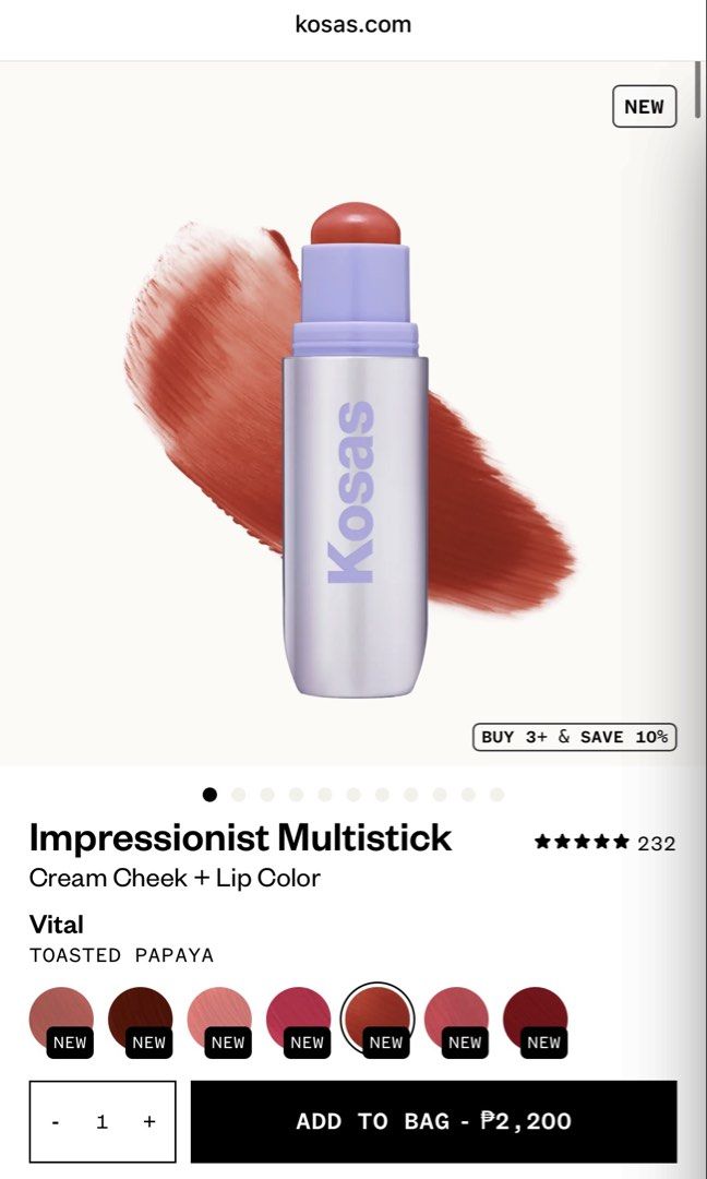 Kosas Impressionist Blush (Category: Makeup) located in Pasig City. Submitted by missclosetcleanup (Listing ID 1456142614, Image 1). Description: - Kosas Impressionist Multistick - Shade: Vital (Toasted Papaya) - Cream cheek and lip color - Provides a natural, healthy flush - Versatile for cheeks and lips - Ideal for quick and easy makeup application - Color: Warm terracotta orange.