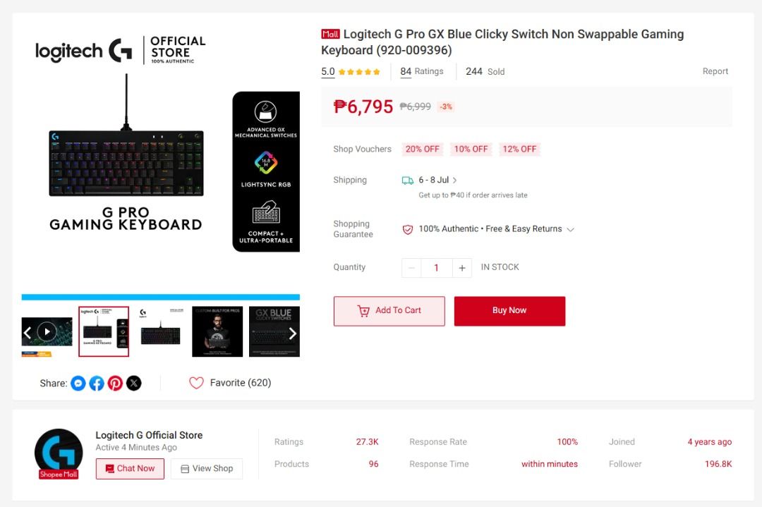 Logitech G Pro GX Blue Clicky Gaming Keyboard (Category: Computer Keyboard) located in Caloocan City. Submitted by h4ckintosh (Listing ID 1456129233, Image 2). Description: S> Logitech G PRO GX 3,500php - negotiable bought for original price last july 2025 na-stuck lang dahil extra keyboard lang - tkl (10 key less) - crisp buttons - blue switch (perfect for those who want clicky sound) - can send videos and typing test - including keyboard test t