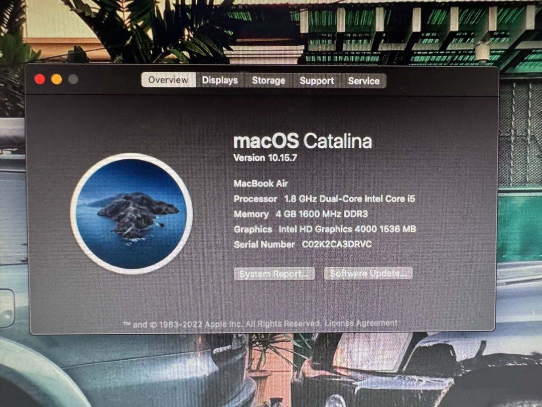 Macbook Air 2013 (13.3 inch) (Category: Laptops & Notebooks) located in Antipolo. Submitted by eastgoons (Listing ID 1456205360, Image 2). Description: Macbook Air 2013 macOS Catalina (13.3 inch) 1.8 GHz dual-core intel core i5 4gb 1600 MHz DDR3 128gb Comes with original charger and laptop bag Replacement battery already other than that no parts was ever replaced ₱7,500 Marikina Are.