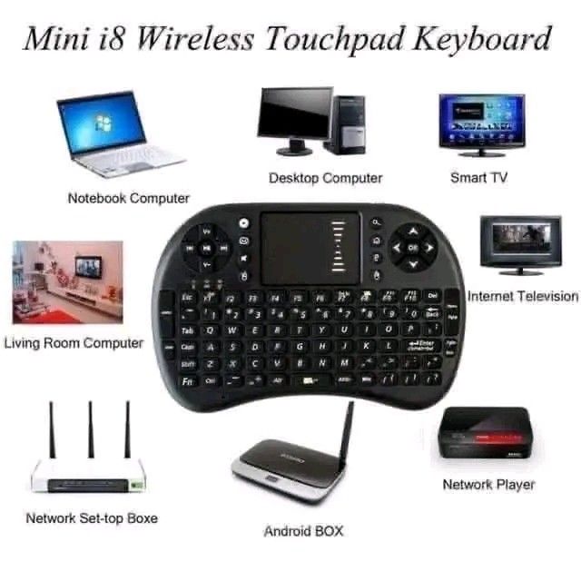 Mini i8 Wireless Touchpad Keyboard with USB Dongle (Category: Computer Keyboard) located in Manila. Submitted by marvieobordo (Listing ID 1456216824, Image 2). Description: - Mini wireless keyboard with integrated touchpad - Universal compatibility: Laptops, desktops, Smart TVs, Android boxes, and more - Includes USB dongle and charging cable - Ideal for presentations and remote media control - Compact and easy to use design.