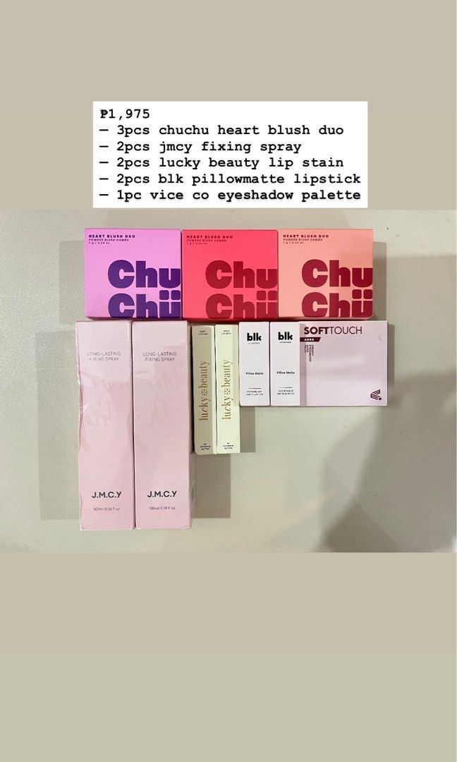 Mixed Makeup Bundle 10pcs - 8 (Category: Makeup) located in Burgos. Submitted by allyluz (Listing ID 1456219122, Image 2). Description: All items are brand new. Ready to ship via SPX; 🍊checkout only. Inclusions: - 3pcs chuchu heart blush duo - 2pcs jmcy fixing spray - 2pcs lucky beauty lip stain - 2pcs blk pillowmatte lipstick - 1pc vice co eyeshadow palette.