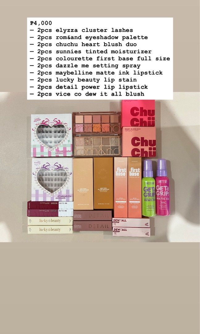Mixed Makeup Bundle 20pcs - 2 (Category: Makeup) located in Burgos. Submitted by allyluz (Listing ID 1456216588, Image 2). Description: All items are brand new. Ready to ship via SPX; 🍊 checkout only. Inclusions: - 2pcs elyzza cluster lashes - 2pcs rom&and eyeshadow palette - 2pcs chuchu heart blush duo - 2pcs sunnies tinted moisturizer - 2pcs colourette first base full size - 2pcs dazzle me setting spray - 2pcs maybelline matte ink lipstick - 2