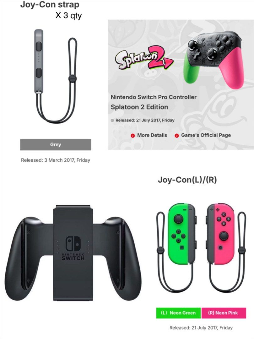 Nintendo Switch Controller Bundle (Category: Controllers) located in Singapore. Submitted by beamspace.com (Listing ID 1456197283, Image 1). Description: Letting go of a Nintendo Switch controller/accessories bundle in good condition. 🎮 Bundle includes: • Nintendo Switch Pro Controller – Splatoon 2 Edition • Nintendo Switch Joy-Con (L) Neon Green + (R) Neon Pink • Joy-Con straps × 3 • Nintendo Switch Joy-Con grip • USB/HDMI cables • Nintendo Swi