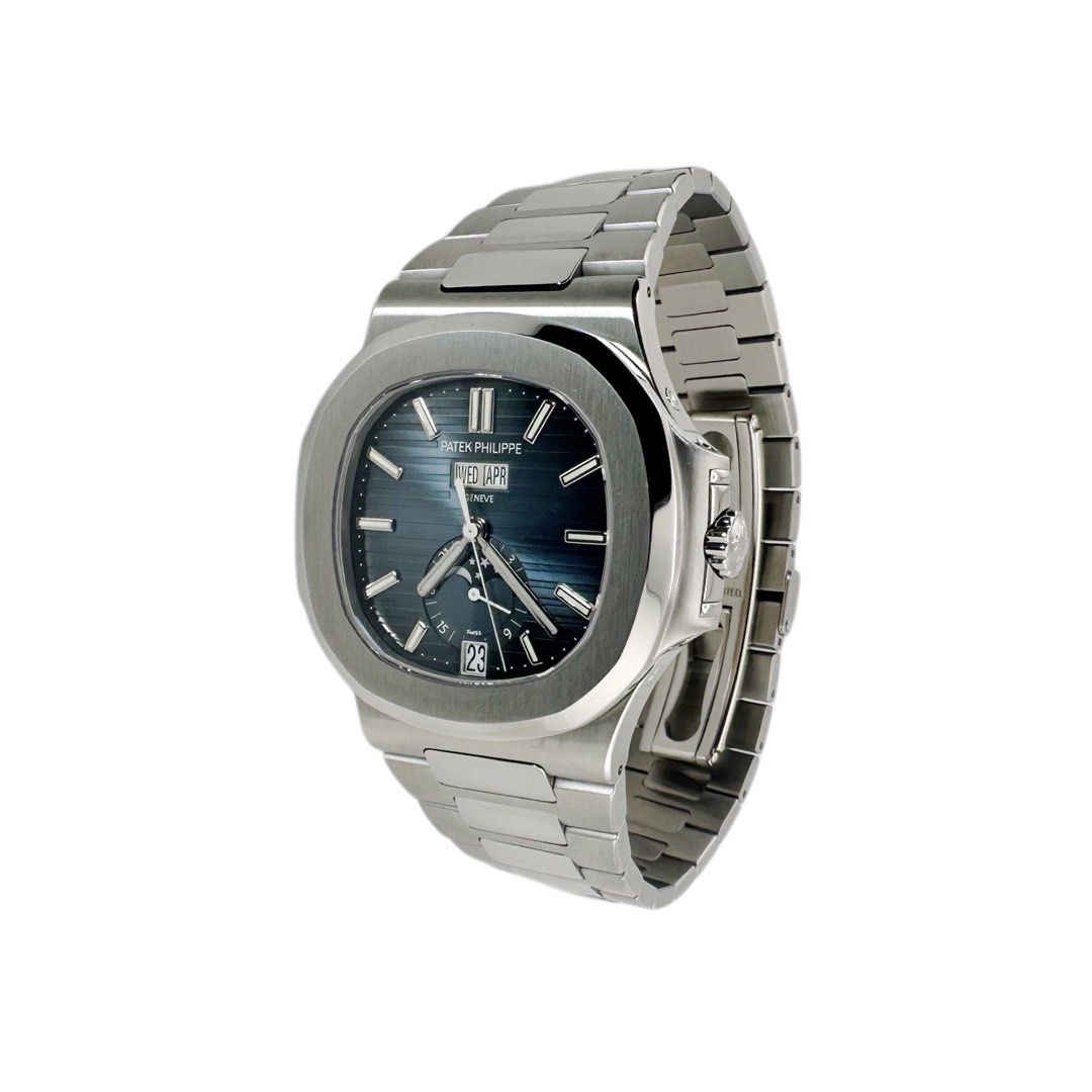 Patek Philippe nautilus annual calendar moonphase 5726/1A unworn Nos blue Oct 2020 5726/1A-014 5726 (Category: Watches) located in Singapore. Submitted by kimwatch_sg (Listing ID 1456102048, Image 2). Description: Model no : 5726/1A-014 Box and Papers : Yes Dated : October 2020 Gender : Gents Condition : Unworn (New Old Stock) Crystal : Sapphire crystal Bezel : Stainless steel Case Material : Stainless steel Case Size : 40.5mm Case Back : Open Di