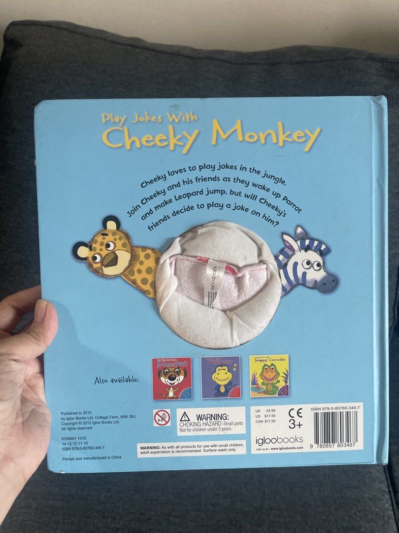 Play Jokes With Cheeky Monkey Interactive Board Book (Category: Children's Books) located in Manila. Submitted by prtysxychq (Listing ID 1456129986, Image 3). Description: - Interactive board book perfect for little ones. - Features a fun finger puppet for Cheeky Monkey's nose. - Kids can play jokes with Cheeky and his animal friends. - Bright, colorful illustrations and an engaging story. - Ideal for story time and interactive play sessions..
