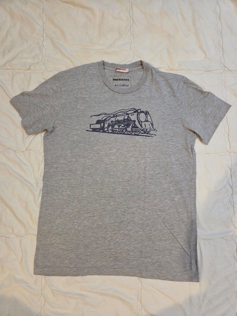 Prada Train Engine Graphic Tee (Category: Tshirts & Polo Shirts ) located in Taguig. Submitted by mightydept (Listing ID 1456136614, Image 1). Description: - Grey Prada T-shirt - Features a cool engine graphic print on the front - Prada logo and article number clearly visible on tag - Wash tag faded; Fits Medium-Large Mens.