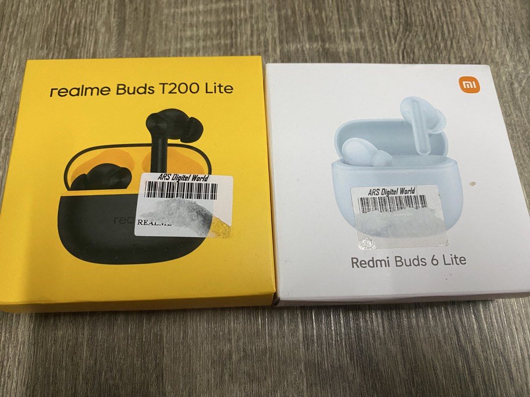 Realme Buds T200 Lite & Redmi Buds 6 Lite Wireless Earbuds (Category: Earphones) located in Manila. Submitted by kimmytaehyung (Listing ID 1456072836, Image 1). Description: - Brand New & Sealed: Realme Buds T200 Lite (Black) and Redmi Buds 6 Lite (Light Blue). - Excellent Sound Quality: Perfect for everyday listening. - Bundle Deal: Get both pairs at a fantastic price!.