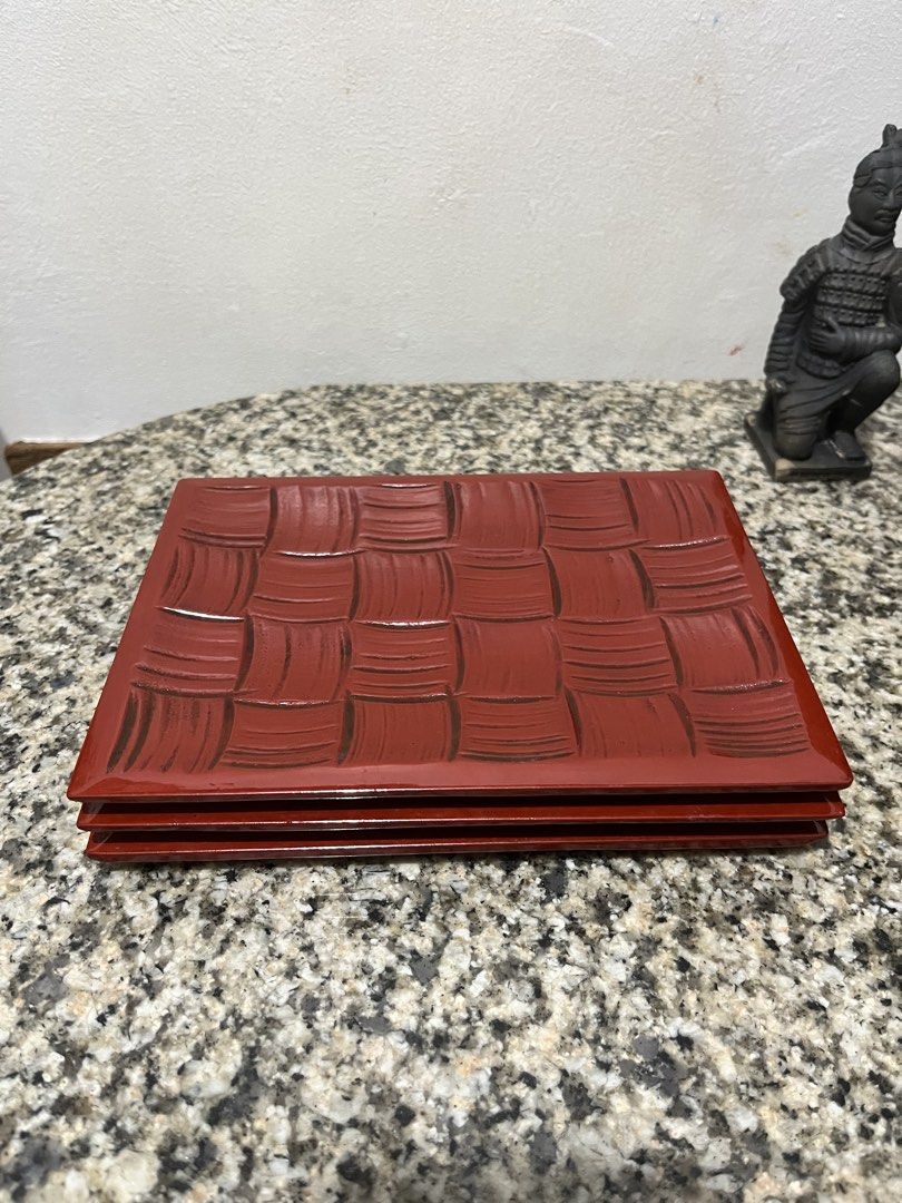 Red Woven Pattern Serving Tray,/laquer(new (Category: Other Kitchenware & Tableware) located in Taguig. Submitted by minmin_parker (Listing ID 1456175827, Image 2). Description: - Vibrant red serving tray - Features an elegant woven pattern - Stackable design for easy storage - Ideal for serving snacks or as a decorative accent.