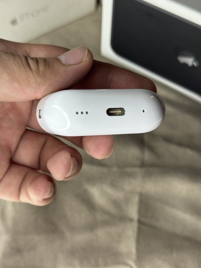 RUSH Apple AirPods Pro (2nd generation) USB-C (Category: Earphones) located in Manila. Submitted by marco.21 (Listing ID 1456218947, Image 3). Description: - Genuine AirPods Pro 2nd Gen Charging Case - USB-C charging port - Compatible with MagSafe and Qi wireless charging - Built-in speaker for Find My and charging alerts - Integrated lanyard loop for easy carrying - Selling the charging case ONLY (no AirPods included) Just unit and cord only!!! 