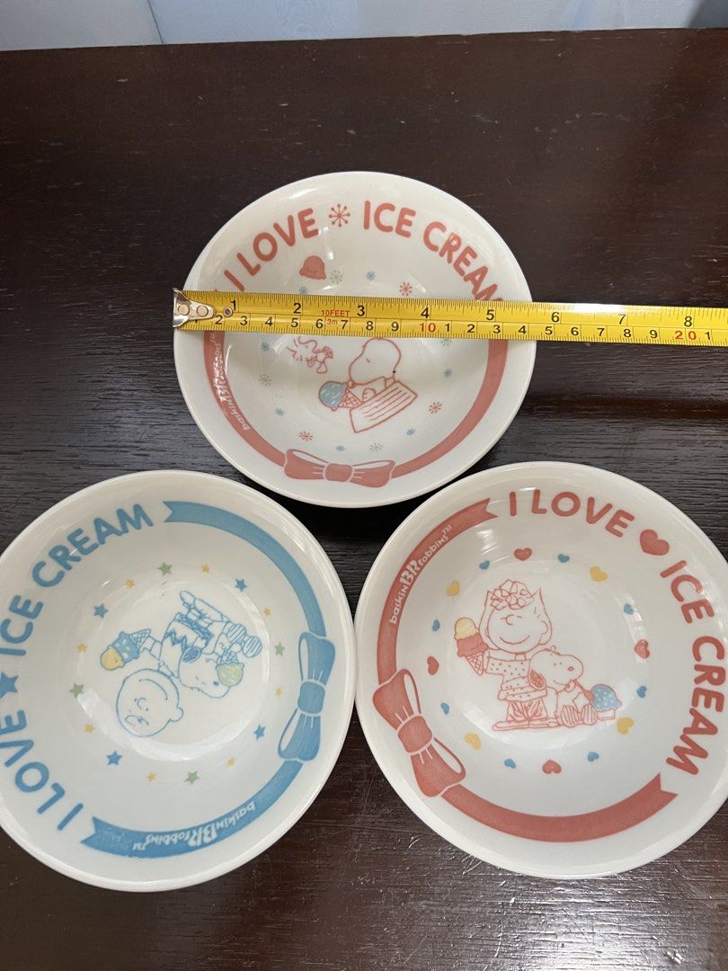 Snoopy bowls (Category: Other Kitchenware & Tableware) located in Manila. Submitted by rlab_japan_thrift (Listing ID 1456161444, Image 3). Description: Official Baskin Robbins 31 x Peanuts Snoopy Ice Cream Bowls (Set of 3) 🍧🐾🍦 Adorable limited-edition 2010 Baskin Robbins Japan x Peanuts Snoopy collaboration dessert bowls! Features cute “I LOVE ICE CREAM” graphics starring Snoopy, Charlie Brown, and Sally. Perfect for ice cream, snacks, fruits,