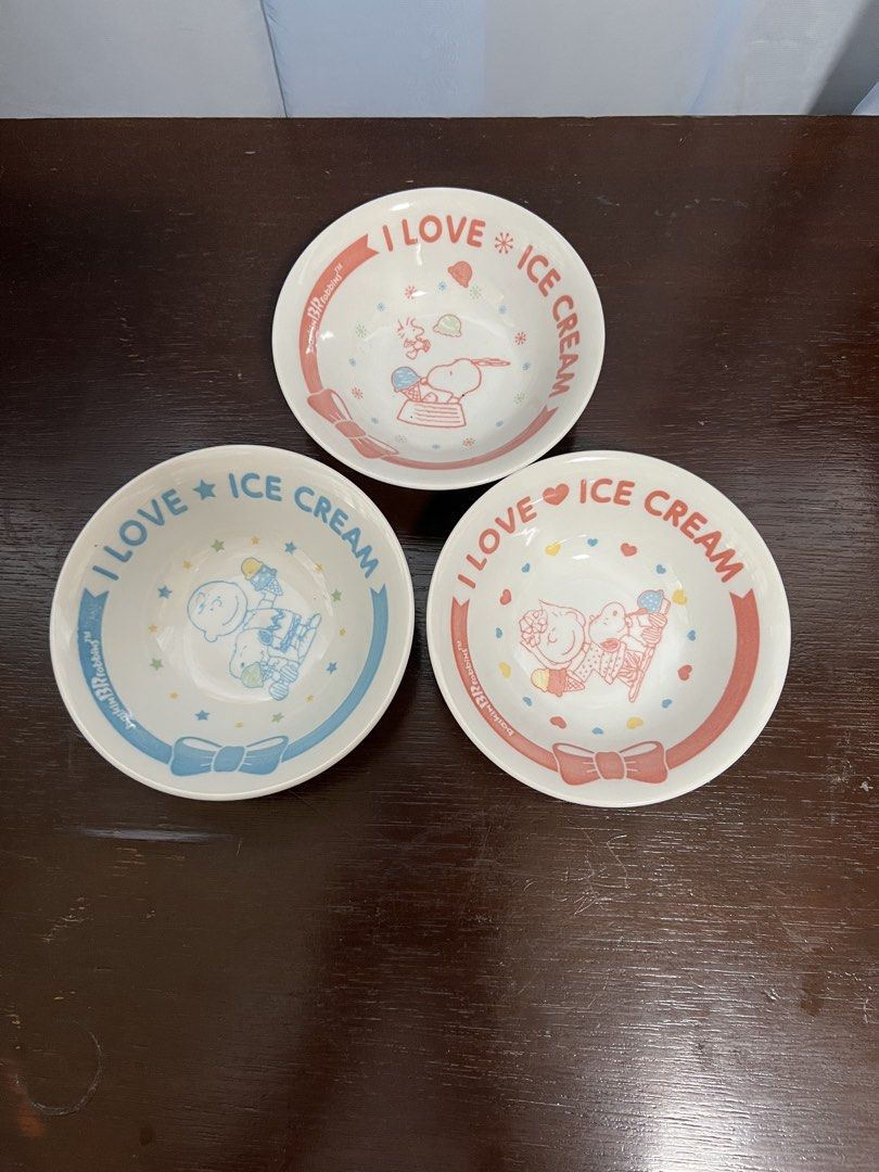 Snoopy bowls (Category: Other Kitchenware & Tableware) located in Manila. Submitted by rlab_japan_thrift (Listing ID 1456161444, Image 1). Description: Official Baskin Robbins 31 x Peanuts Snoopy Ice Cream Bowls (Set of 3) 🍧🐾🍦 Adorable limited-edition 2010 Baskin Robbins Japan x Peanuts Snoopy collaboration dessert bowls! Features cute “I LOVE ICE CREAM” graphics starring Snoopy, Charlie Brown, and Sally. Perfect for ice cream, snacks, fruits,