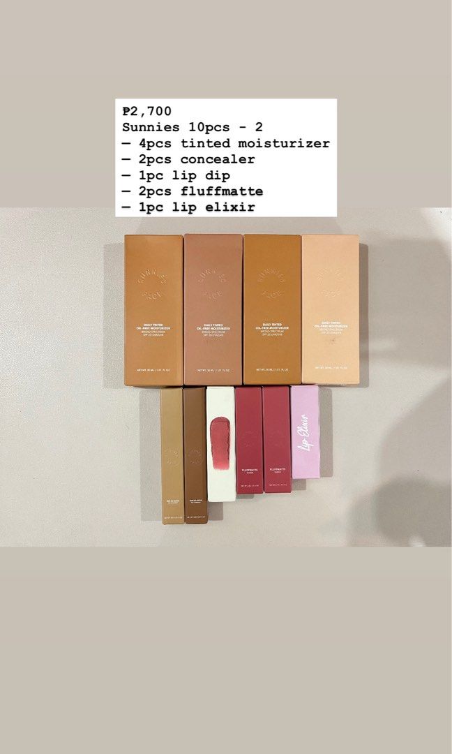 Sunnies Face Bundle 2 (Category: Makeup) located in Burgos. Submitted by allyluz (Listing ID 1456215738, Image 2). Description: All items are brand new. Ready to ship via SPX; 🍊checkout only. Inclusions: Sunnies 10pcs - 2 - 4pcs tinted moisturizer - 2pcs concealer - 1pc lip dip - 2pcs fluffmatte - 1pc lip elixir.