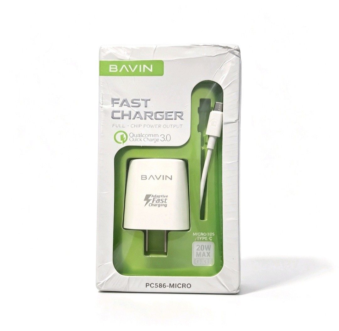Type-C Fast charger (Category: Chargers & Cables) located in Quezon City. Submitted by ana-chan (Listing ID 1456149221, Image 1). Description: BAVIN Fast Charger PC586. Qualcomm Quick Charge 3.0. 20W Max. Includes Type-C cable. Fast and reliable..