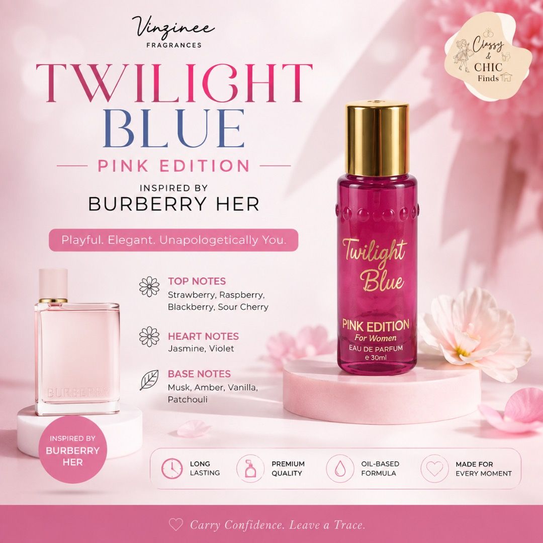 Vinzinee Twilight Blue Pink Edition 30ml (Category: Fragrance & Deodorants) located in Tarlac. Submitted by chic_prive (Listing ID 1456228761, Image 1). Description: ✨💗 Sweet, feminine, and effortlessly charming. Meet Vinzinee Twilight Blue – Pink Edition — a playful fruity-floral fragrance inspired by Burberry Her. 🌸🍓 A beautiful choice for anyone who loves sweet, feminine scents with a touch of elegance. Perfect for everyday wear and those m