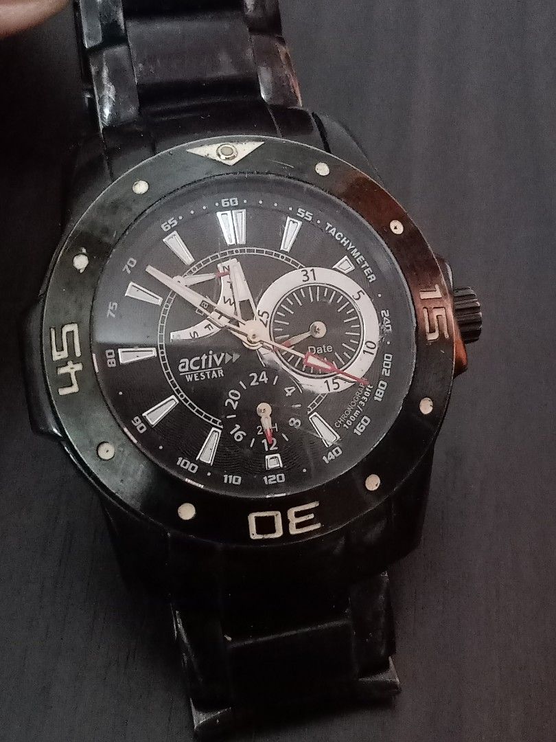Westar Swiss chronograph (Category: Men's Watches) located in Las Pinas. Submitted by the_recycle_shop (Listing ID 1456078686, Image 1). Description: Original good working condition Quartz chronograph with battery 40mm wrist size 6.8 inches.